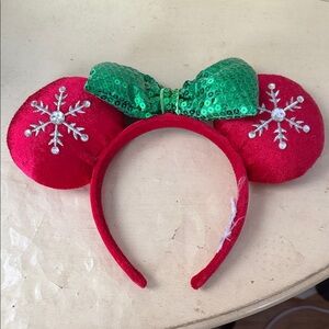 Christmas Red Mickey Ears Headband with Green Bow
